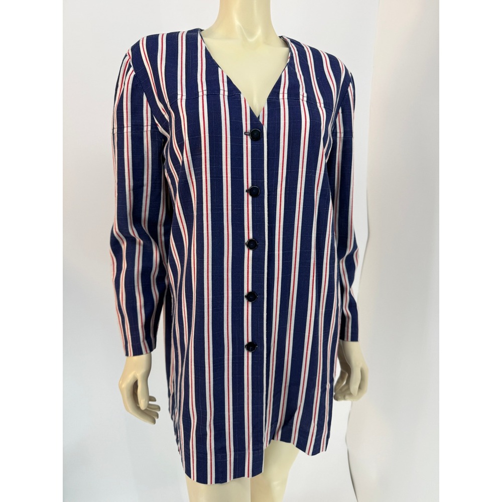 Handmade Vintage Linen Striped Button Down Lightweight Jacket Navy Red White